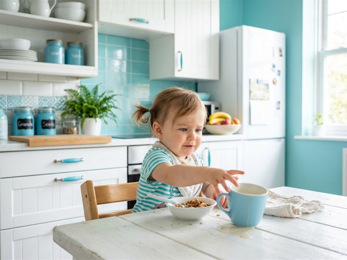 Beb� rechazando una taza de leche vegetal
