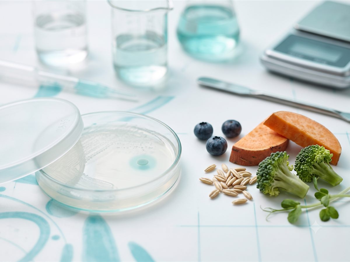 Muestra de laboratorio junto a alimentos, microbiota infantil