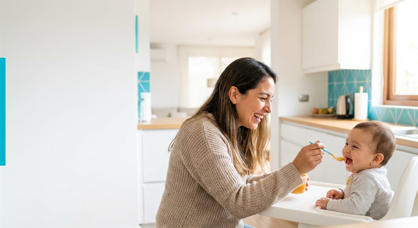Mamá alimentando a su bebé en la cocina, productos seguros APLV sin soya sin gluten ZeroTrazas