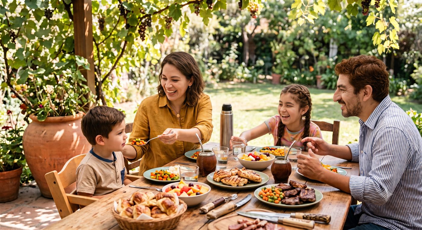 Familia chilena comiendo junta al aire libre
